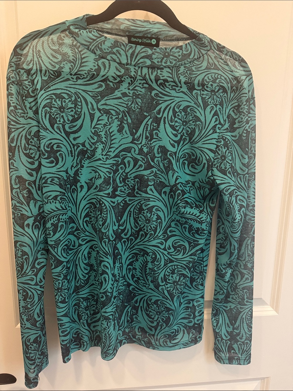 Sheryl Crow Long-Sleeve Teal Floral Print Blouse MESH